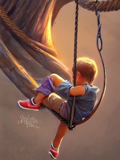 Prompt: a kid having fun on a tire swing. intricate, elegant, highly detailed, digital painting, artstation, concept art, sharp focus, illustration, by justin gerard and artgerm, 8 k