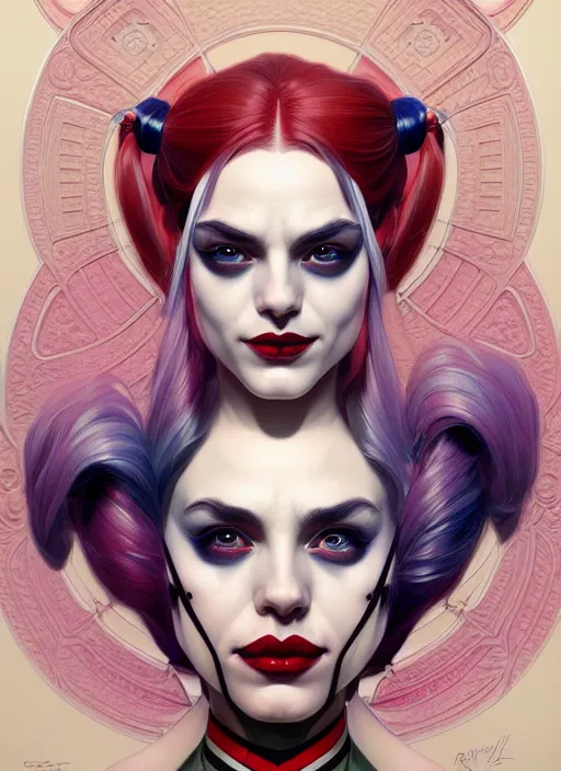 Image similar to symmetry portrait of floral harley quinn, intricate, elegant, highly detailed, digital painting, artstation, concept art, smooth, sharp focus, illustration, art by artgerm and greg rutkowski and alphonse mucha, 8 k