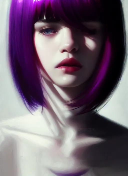 Image similar to portrait of teenage girl, red irises, bangs, black and white hair, white bangs, purple clothes, white bangs, bangs, black hair and white bangs, intricate, elegant, glowing lights, highly detailed, digital painting, artstation, concept art, smooth, sharp focus, illustration, art by wlop, mars ravelo and greg rutkowski