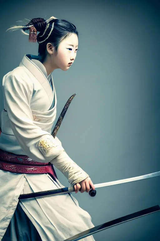 Image similar to highly detailed beautiful photo of a young female samurai, practising sword stances, symmetrical face, beautiful eyes, realistic anime art style, 8 k, award winning photo, pastels, action photography, 1 / 1 2 5 shutter speed, dramatic lighting