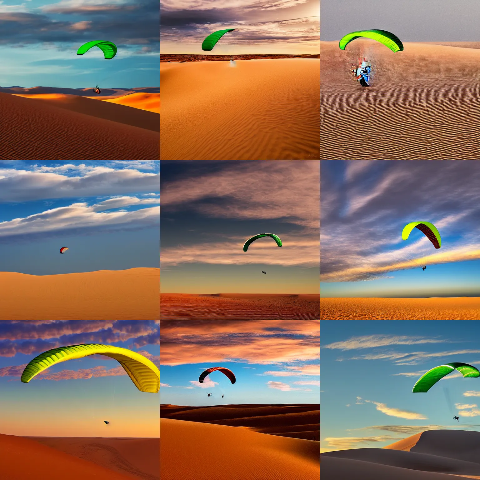 Prompt: green paraglider flying over the namibian sand dunes, digital art, cumulus clouds, golden hour, dusk