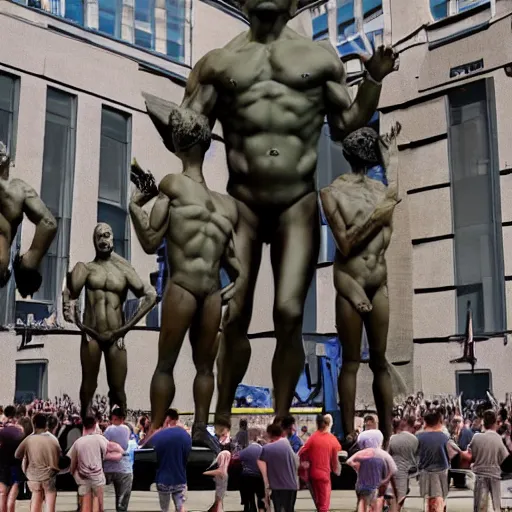 Prompt: group of young men worshipping giant statue of joe rogan and andrew tate in real life, 8 k, 4 k uhd, realistic, hyper realistic, super detailed, very detailed, detailed