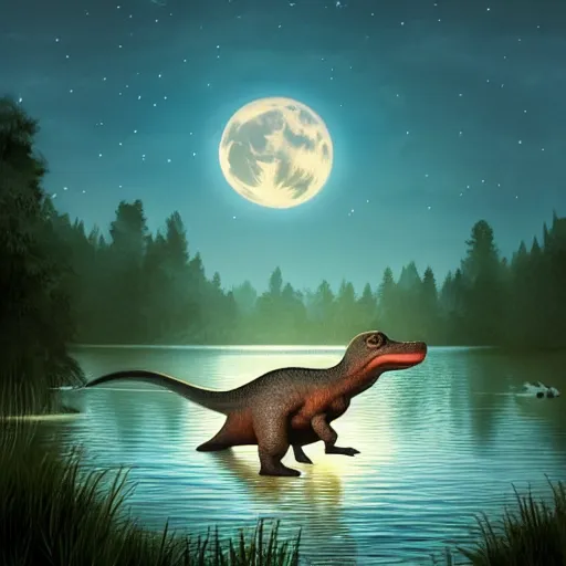 Prompt: cute dino in lake under big full moon, by Slavko Kahovsky, sharp focus, highly detailed, ArtStation