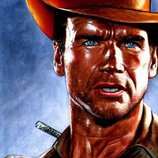 Prompt: Arnold Schwarzenegger as Indiana Jones, portrait, detailed