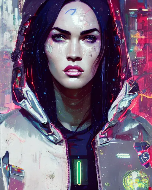 Image similar to detailed portrait Megan Fox Neon Operator Girl, cyberpunk futuristic neon, reflective puffy coat, decorated with traditional Japanese ornaments by Ismail inceoglu dragan bibin hans thoma greg rutkowski Alexandros Pyromallis Nekro Rene Maritte Illustrated, Perfect face, fine details, realistic shaded, fine-face, pretty face