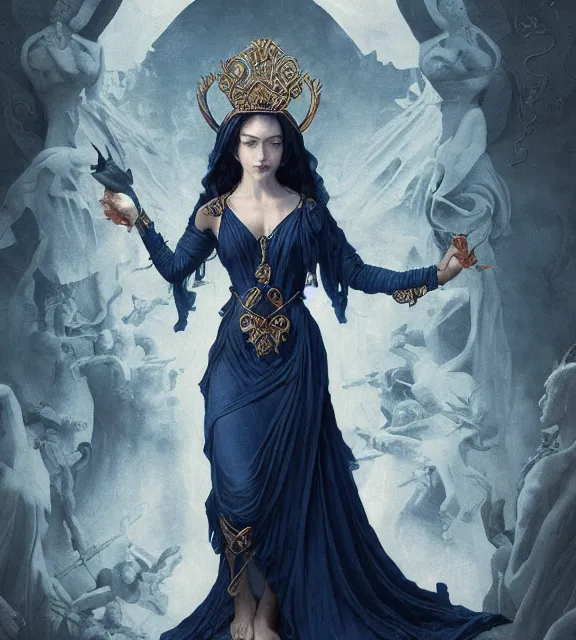 Image similar to god of death, in the underworld, elegant dark blue dress, very detailed, throne, very intricate details, jewelry, delicate tattoos, elaborate long hairstyle, cinematic, artstation, william bouguereau, greg rutkowski, rossdraws, octane render