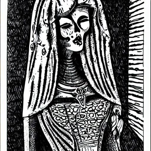 Image similar to in the tomb of empress sissi, vienna, austria, beautiful woman, zombie, pen and ink, line art
