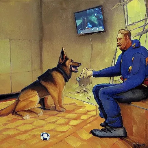 Image similar to a humanoid german shepherd beast - man, sitting and watching a soccer match in his house on television, he has hurt his knee and is a dad, by erin hanson, alexi zaitsev, karl spitzweg, award winning, tv set