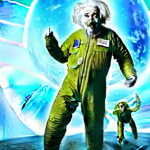 Image similar to still photo of surprised albert einstein in spacesuit, flat earth on three turtles at background, highly detailed, photorealistic shot, bright studio setting, studio lighting, crisp quality and light reflections, unreal engine 5 quality render