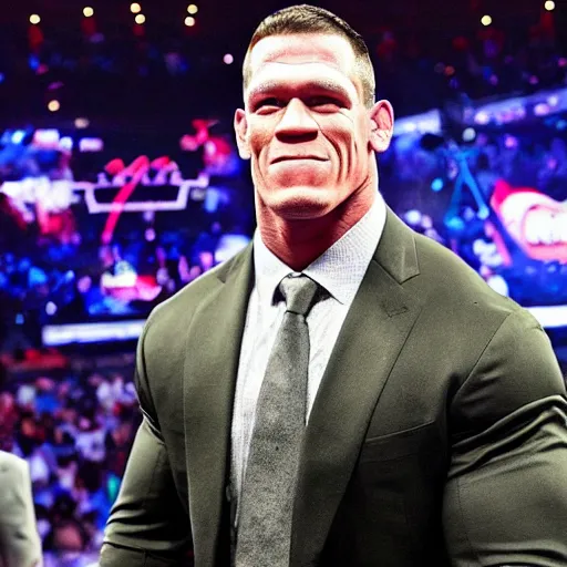 Prompt: john cena with a big head wearing a ripped suit