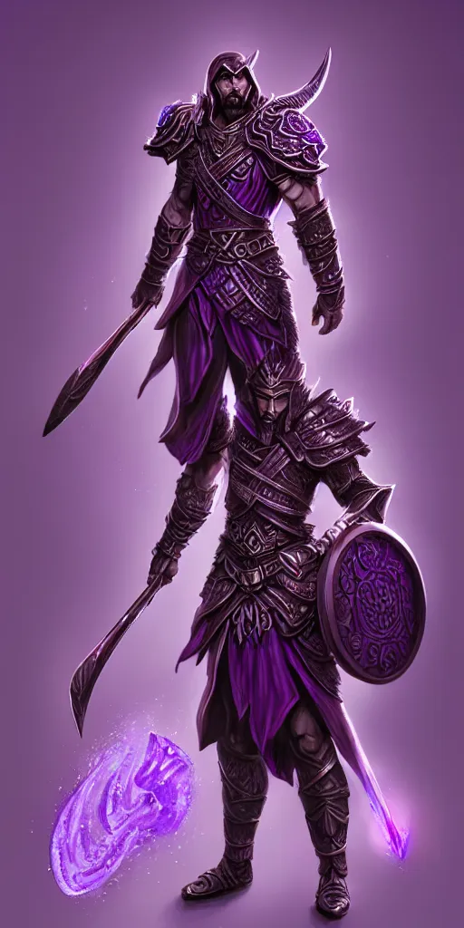 Prompt: male warrior, intricate purple full plate, rpg d&d, fantasy, intricate, elegant, highly detailed, digital painting, artstation, concept art, smooth, sharp focus, illustration