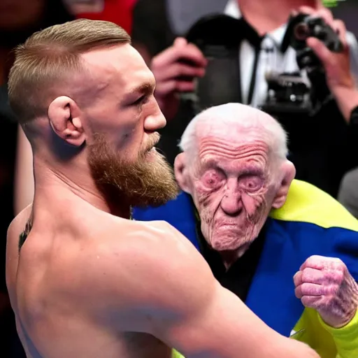 Prompt: Conor McGregor slapping a frail elderly man