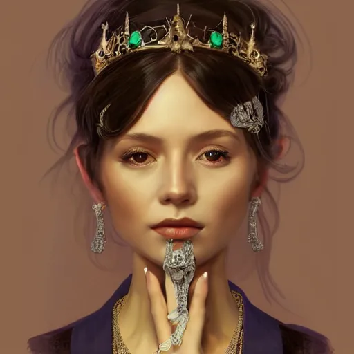 Image similar to portrait of a grey alien aristocrat wearing jewelry, a tiara, diamonds, confident, pretty, intricate, headshot, highly detailed, digital painting, artstation, concept art, sharp focus, cinematic lighting, illustration, art by artgerm and greg rutkowski, alphonse mucha, cgsociety