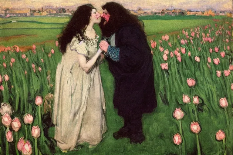 Image similar to hagrid the viking and morticia addams kiss in a field of tulips, masterpiece, highly detailed, oil on canvas, art by walter sickert, john singer sargent, and william open