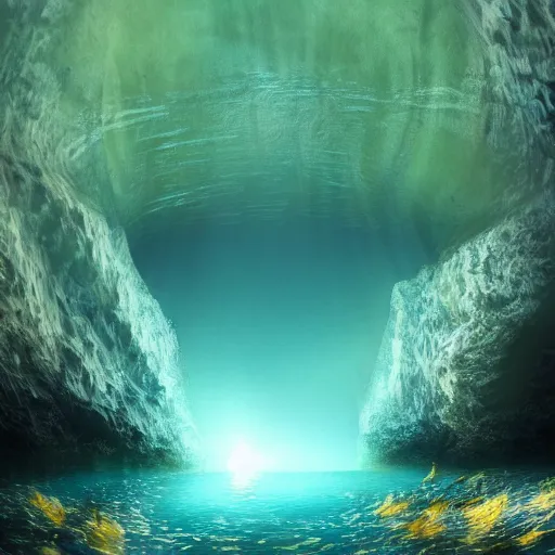 Prompt: an large, underwater cave, with lighting coning through from the surface. realistic painting. cinematic lighting. blue tones