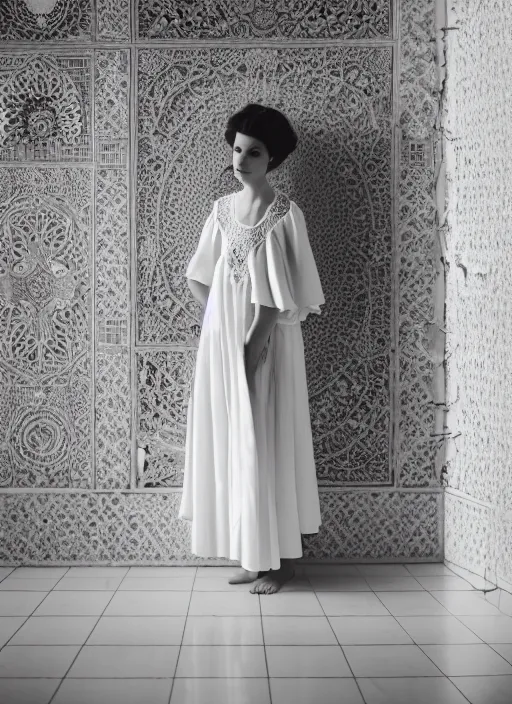 Prompt: a full body portrait of a woman wearing an billowing doily dress, face in the style of irakli nadar, inside a white iranian marble temple, soft lighting, film photography