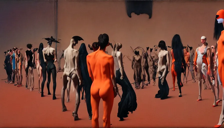 Prompt: rick owens runway show by francis bacon, surreal, norman rockwell and james jean, greg hildebrandt, and mark brooks, triadic color scheme, by greg rutkowski, syd mead and edward hopper and norman rockwell and beksinski, lingerie, dark surrealism, orange and turquoise