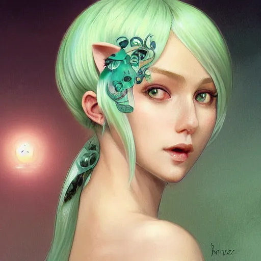 Image similar to ultra realistic illustration, dream girl with white hair, with light green eyes, with cat ears, in a sundress, intricate, elegant, highly detailed, digital painting, artstation, concept art, smooth, sharp focus, illustration, art by artgerm and greg rutkowski and alphonse mucha