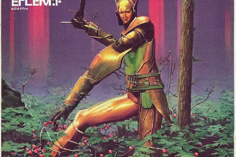 Image similar to 1979 OMNI Magazine Cover of a Druidic elf with armor by a cherry tree in Neo-Kyoto in cyberpunk style by Vincent Di Fate