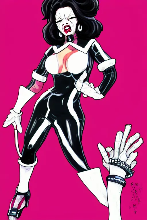 Image similar to fran drescher as screamstress, character design concept for overwatch and my hero academia, illustration in the style of hirohiko araki and shoji kawamori.