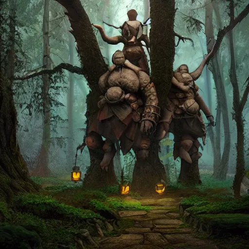 Image similar to an establishing shot of a giant with two heads two - headed double head, dnd in a dark forest, two heads, digital art, high quality render, artstation, 8 k, photograph quality, ultrahd