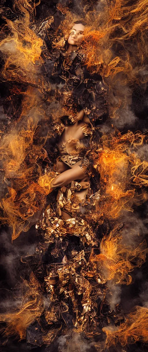 Image similar to 'Deamons unleashed in Times Square' by István Sándorfi royally decorated, whirling smoke, embers, gold encrustations , gilt silk torn fabric, radiant colors, fantasy, perfect lighting, studio lit, micro details,