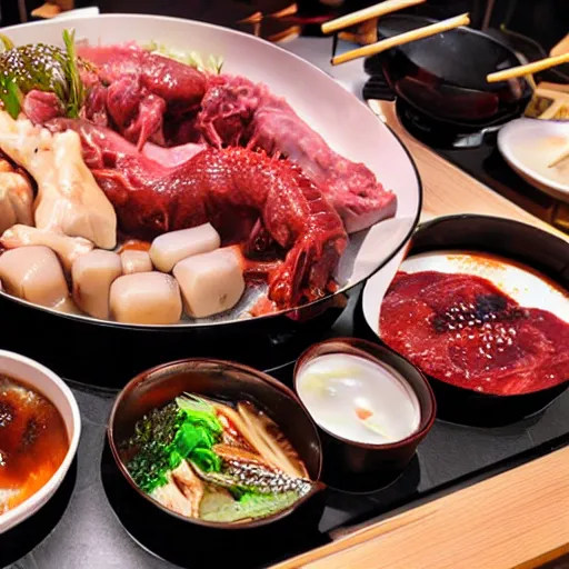 Prompt: high - end hot pot restaurant serving chinese dragon meat