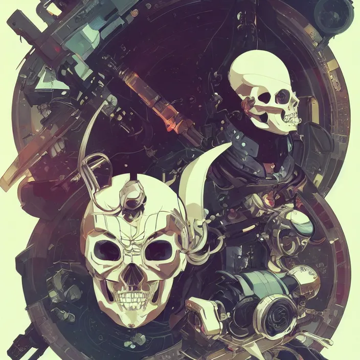 Image similar to anime skull portrait space pirate captain, futuristic science fiction, mucha, hard shadows and strong rim light, art by jc leyendecker and atey ghailan and sachin teng