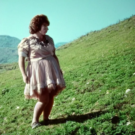 Image similar to middle aged woman who is half human, half muppet, wearing a dress, in the hillside, 1980 French film, archival footage, technicolor film expired film live-action, 16mm