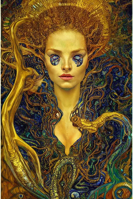 Image similar to Rebirth by Karol Bak, Jean Deville, Gustav Klimt, and Vincent Van Gogh, majestic portrait of a sacred serpent, Surreality, radiant halo, shed iridescent snakeskin, otherworldly, fractal structures, celestial, arcane, ornate gilded medieval icon, third eye, spirals