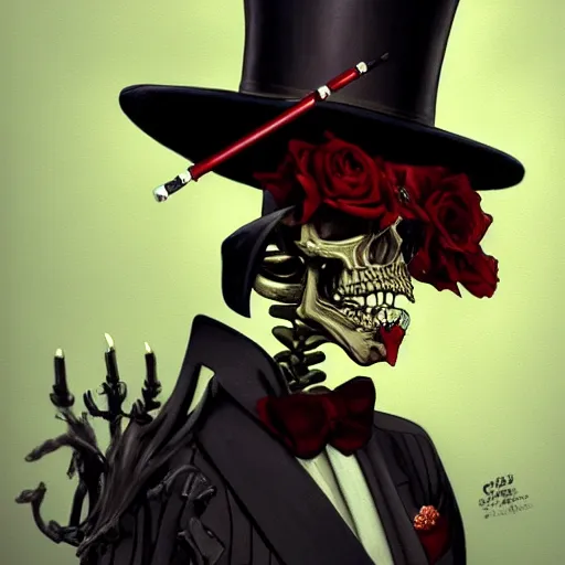 Image similar to close portrait of a fancy skeleton grim reaper with red eyes and with a top hat, smoking a pipe, vaporwave, bedroom, highly detailed, digital painting, artstation, concept art, smooth, sharp focus, illustration, art by artgerm and greg rutkowski and alphonse mucha