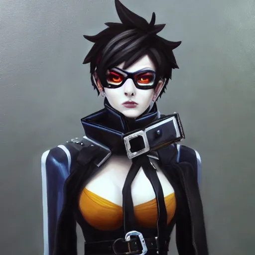 Image similar to oil painting of goth tracer overwatch in a field wearing very large black leather belt choker collar around neck, in style of mark arian, expressive face, very detailed face, very detailed eyes, full body, feminine face, detailed makeup on eyes, tracer overwatch,