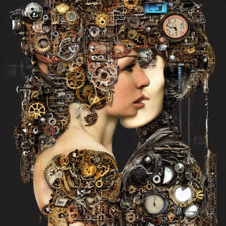 Image similar to profile portrait of a woman, computer parts, mechanical parts, by giuseppe arcimboldo, steampunk, cyberpunk, futuristic, psychedelic, surreal, sci - fi, vaporwave, alien, dreamlike.