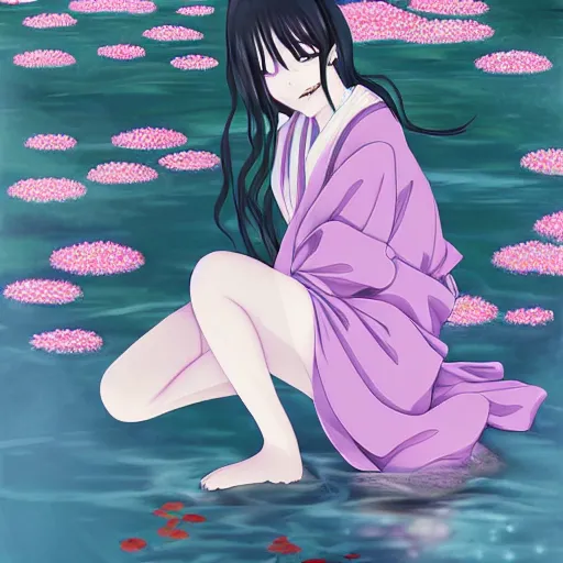 Prompt: landscape, anime, traditional Japanese, beautiful portrait of a girl soaked in a lotus pond, by Førtifem, digital art, purple color scheme