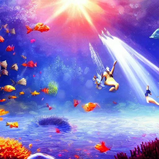 Image similar to Wallpaper Flare HD wallpaper: fantasy art underwater original characters falling divers water sunlight, galaxy,