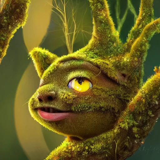 Image similar to a highly detailed painting of a tiny cute mossy forest creature by bobby chiu, big amber eyes, smiling, at sunset, macro photography, goro fujita