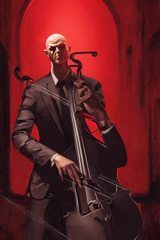 Image similar to an expressive portrait of agent 4 7 playing the cello in a monastery, dark background, red rim light, digital art, artstation, concept art by giger stalenhag