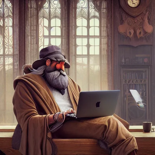 Image similar to chill gnome - like man, long brown beard, oversized brown mustache, macbook on his lap, wispy smoke, whimsical, art nouveau, photorealistic, octane render, unreal engine, mucha, magritte, artgerm, greg rutkowski, trending on artstation, super detailed, 8 k, control the soul