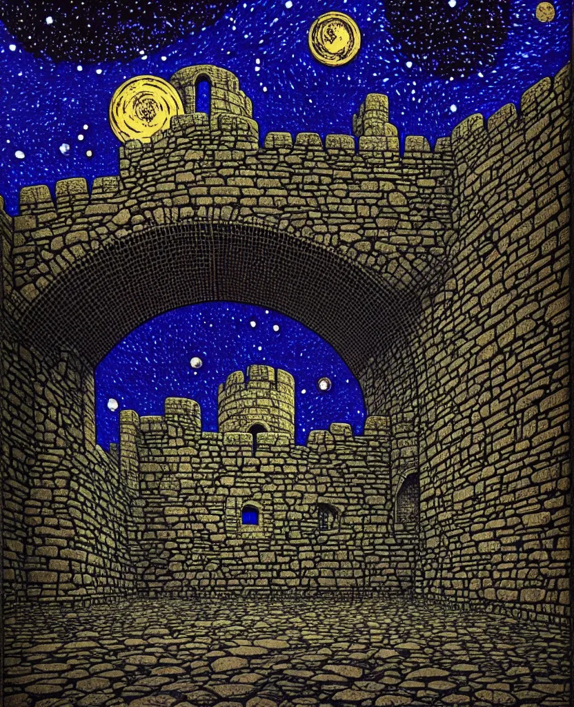 Image similar to stone wall inside of a majestic castle, round window looking out to the starry night sky, high details, intricately detailed, by vincent di fate, inking, 3 color screen print, masterpiece, trending on artstation,, sharp, details, hyper - detailed, hd, 4 k, 8 k