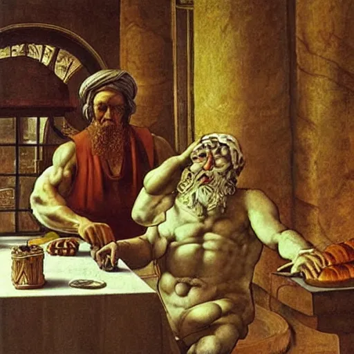 Prompt: zeus as an old world italian baker, in an old world deli, hyper realistic, hyper detailed, surreal old world art style, by leonardo davinci, michelangelo and salvatore dali