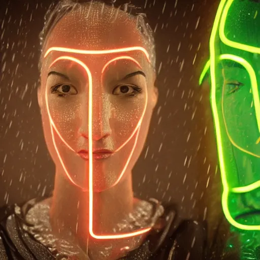 Image similar to a human portrait made out of rain, neon, beautiful, rendered in octane, unreal engine