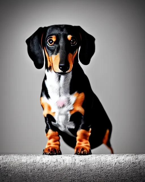 Prompt: cute dachshund mix that is black with white chest and toes, no brown at all, floppy ears chewing on stick, hyper realism, cinematic, dramatic ambient lighting, high detail, octane render, unreal engine, 8 k, vibrant colors, high contrast, depth of field, concept art, 3 d render, digital art, deviantart artstation, ray tracing, intricate complexity, extremely detailed,