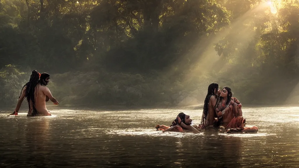 Prompt: lord shiva and his wife goddess parvati, bathing on a river, foggy morning, sun rays, atmospheric and heavenly photo