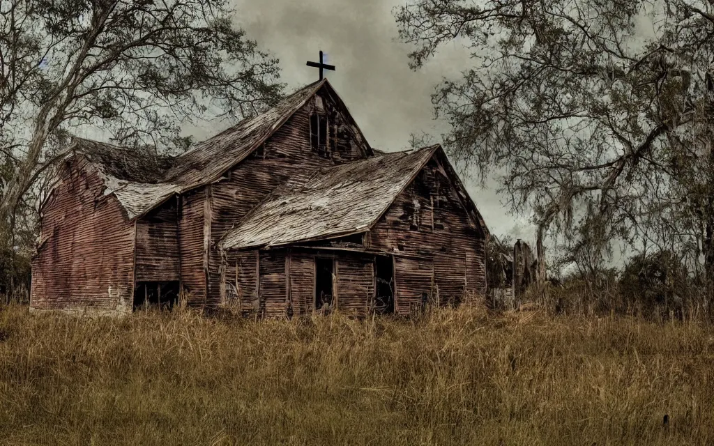 Prompt: an old wooden church rotting away in the bayou, realistic, old color photograph, dynamic composition, creepy