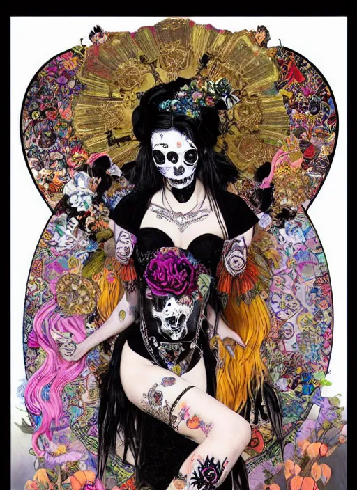 Prompt: cute punk goth fashion fractal Día de los Muertos tattooed girl posing in goth outfit by by Mario Testino, psychedelic poster art of by Victor Moscoso Rick Griffin Alphonse Mucha Gustav Klimt Ayami Kojima Amano Charlie Bowater, masterpiece