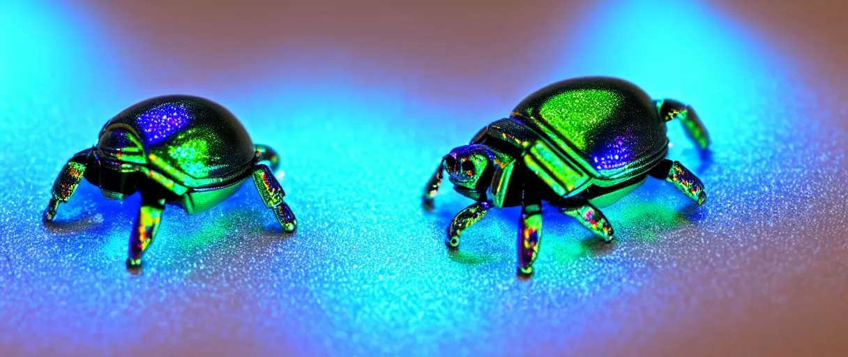 Image similar to highly detailed holographic scarab high quality photo with jeweled gorgeous moody blue lighting octane low angle hd 8k sharp shallow depth of field