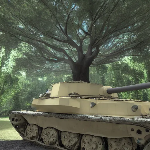 Image similar to a photo of a tank stuck in a giant tree, realistic, ultra high detail, 8 k.