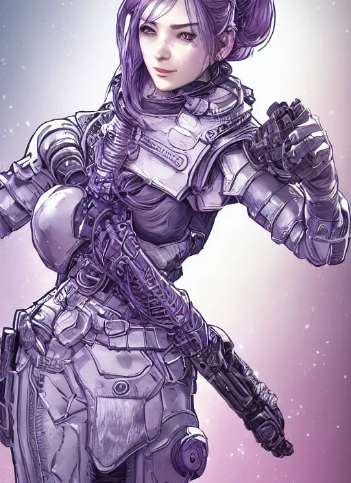 Image similar to portrait of a pale woman in power armor with purple ponytail hair, elegant, stoic, intense, ultrafine hyperdetailed illustration by kim jung gi, irakli nadar, intricate linework, sharp focus, bright colors, octopath traveler, final fantasy, hearthstone, highly rendered, global illumination, radiant light, detailed, intricate environment