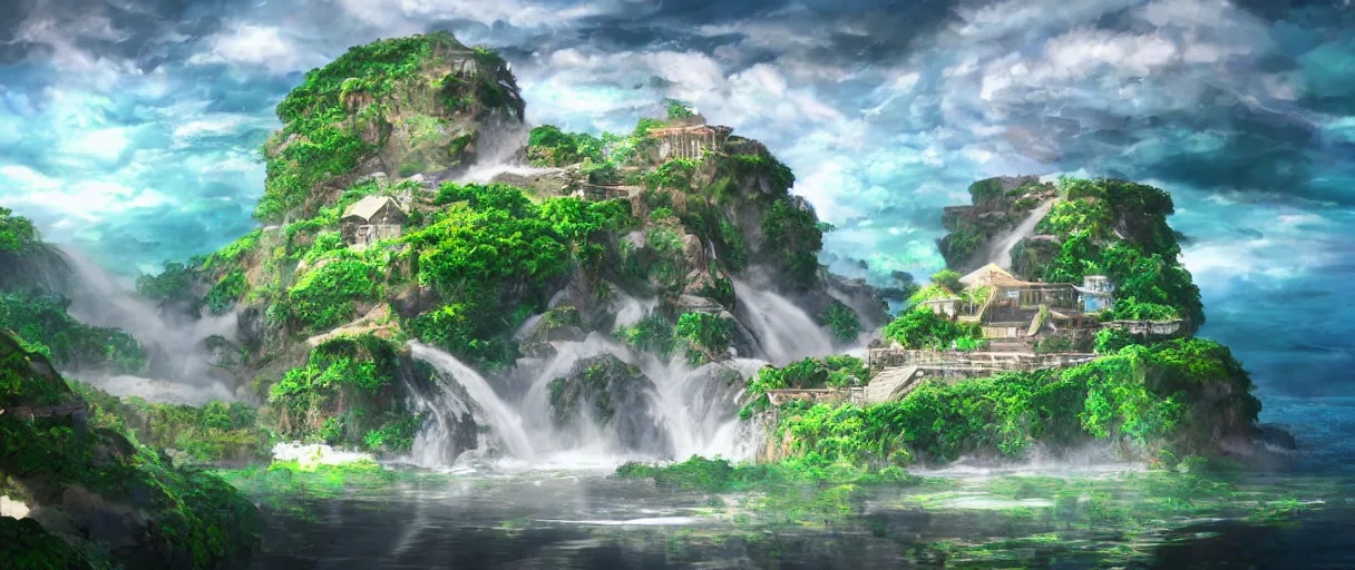 Prompt: a small crumbling island with waterfalls flowing off the island, floating in space, studio ghibli, digital art, detailed, depth of field