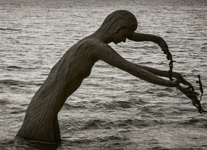 Image similar to dslr esculpture made from roots interwovem in the shape of a woman in the bottom of the sea, 8 5 mm f 1. 8